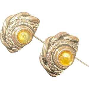 Vintage Sterling Silver 925 Citrine? Amber? Rope Braid Cable Half Stud Earrings
